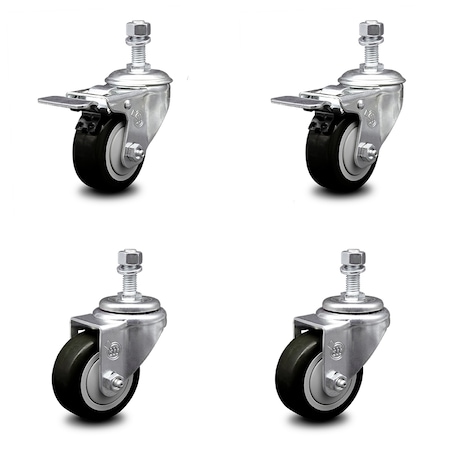 Service Caster 3 Inch Black Polyurethane Swivel 12mm Stem Caster Total Lock Brake SCC, 2PK SCC-TSTTL20S314-PPUB-BLK-M1215-2-S-2
